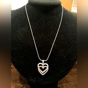 I AM SILVER PLATED 16” DOUBLE HEART NECKLACE. EXTENDER ATTACHED. NWT.